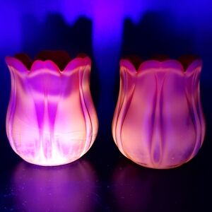 Pair Vintage Faroy Glass Votive Candleholders Ruby Amberina Satin UV Glow USA